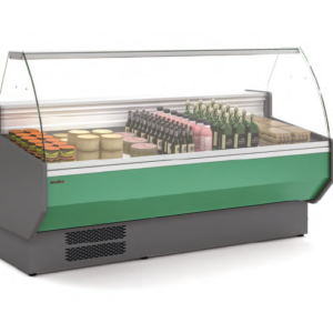 Vitrina expositora con cristal curvo y reserva de 2 m.