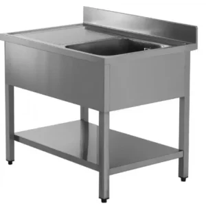 Fregadero industrial en acero inoxidable con cuba y escurridor.