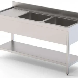 Fregadero industrial en acero inoxidable con 2 cubas y 1 escurridor.