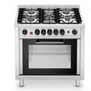 Cocina a gas de 5 fuegos con horno eléctrico.