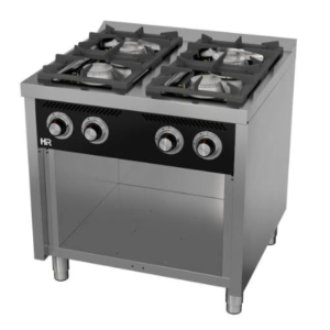 Cocina a gas de 4 fuegos con mueble soporte.